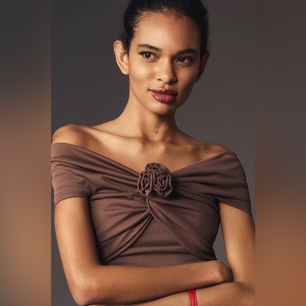 Wayf Brown Off-Shoulder Knot Front Top